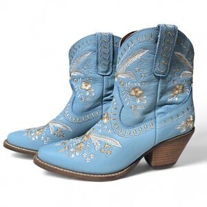 Dingo Primrose Light Blue Embroidered Leather Western Cowgirl Booties Size 8.5